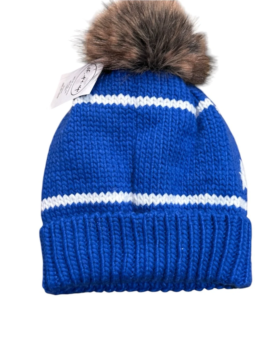 Crown Apres Women’s  Pom-Pom Knit Beanie Velour Lined - Blue & White